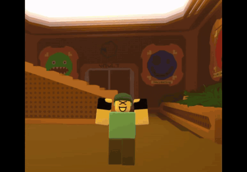 A Cartoon Character Is Standing In A Room With A Sign That Says " Stairs " GIF