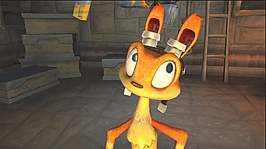 a cartoon character is standing in a room with boxes and a ladder behind him