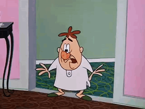 a cartoon character is standing in a room with his arms outstretched and a white shirt on .
