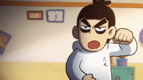 A Cartoon Character Is Standing In A Room With His Fist In The Air GIF