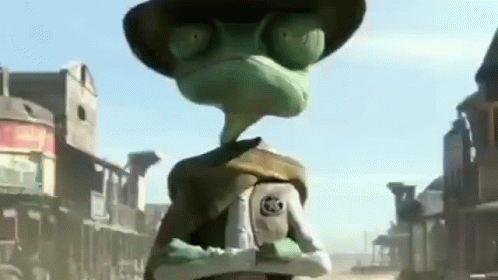 A Cartoon Character Is Standing In A Western Town Wearing A Hat And Holding A Can Of Soda . GIF