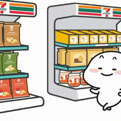 A Cartoon Character Is Standing In Front Of A 7 Eleven Shelf GIF