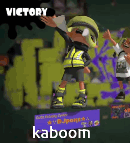 A Cartoon Character Is Standing In Front Of A Banner That Says Victory Kaboom GIF