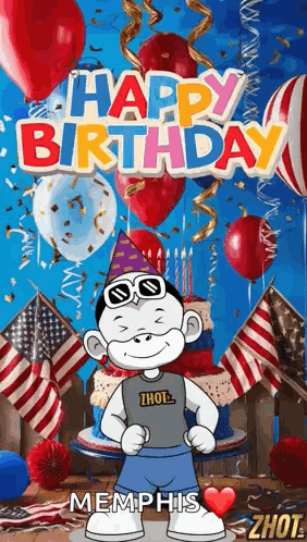 A Cartoon Character Is Standing In Front Of A Birthday Cake Surrounded By Balloons And Confetti . GIF