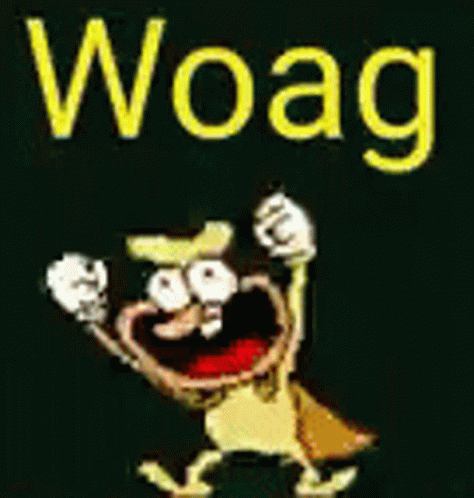 A Cartoon Character Is Standing In Front Of A Black Background With The Word Woag Written On It . GIF