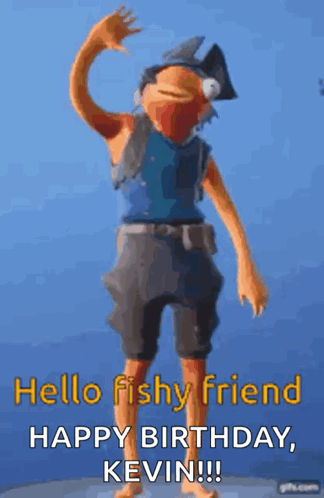 A Cartoon Character Is Standing In Front Of A Blue Background And Says `` Hello Fishy Friend Happy Birthday , Kevin !! ' GIF