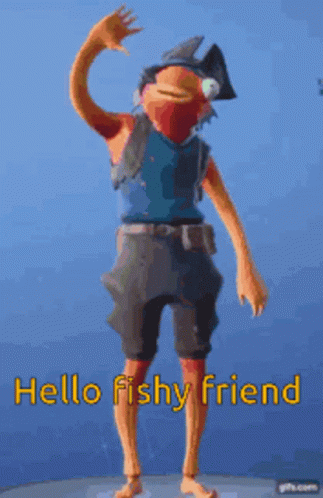 A Cartoon Character Is Standing In Front Of A Blue Background And Waving . GIF
