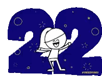 a cartoon character is standing in front of a blue number 22