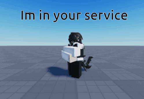A Cartoon Character Is Standing In Front Of A Blue Sky And Says " Im In Your Service " GIF