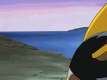 A Cartoon Character Is Standing In Front Of A Body Of Water .. GIF