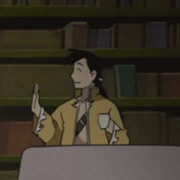 A Cartoon Character Is Standing In Front Of A Bookshelf GIF