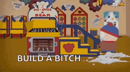 a cartoon character is standing in front of a building that says do over a bear .