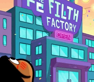 A Cartoon Character Is Standing In Front Of A Building That Says Filth Factory GIF