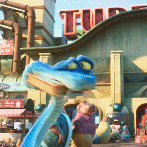 A Cartoon Character Is Standing In Front Of A Building That Says ' Tuff ' On It GIF