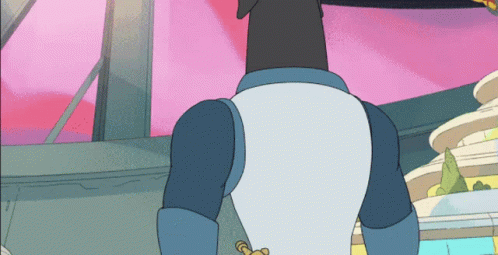 A Cartoon Character Is Standing In Front Of A Building With A Pink Sky In The Background GIF