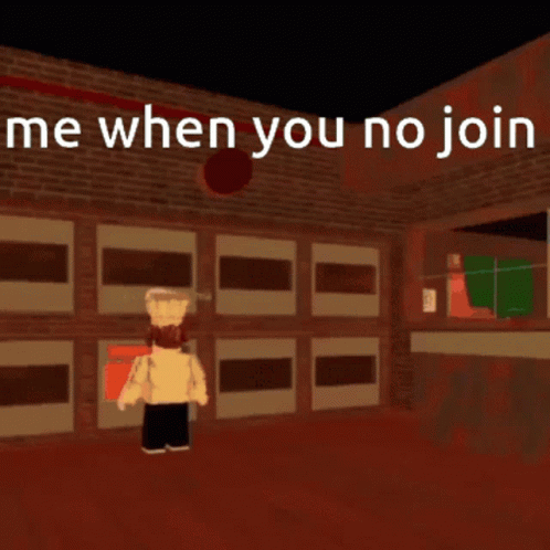 A Cartoon Character Is Standing In Front Of A Building With The Words " Me When You No Join " On The Bottom GIF