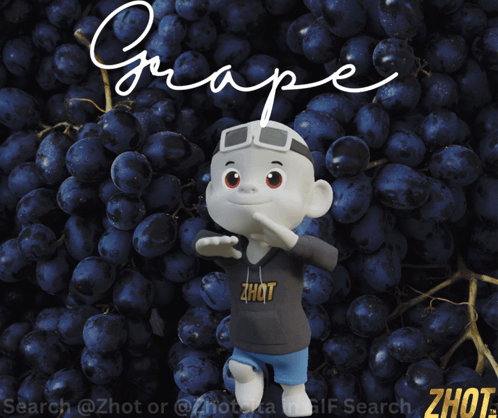 A Cartoon Character Is Standing In Front Of A Bunch Of Grapes With The Word Grape Written On It GIF
