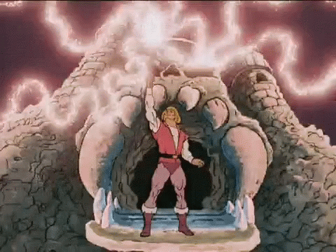 A Cartoon Character Is Standing In Front Of A Castle With A Lightning Bolt Coming Out Of It . GIF