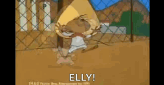 A Cartoon Character Is Standing In Front Of A Chain Link Fence And Says `` Elly '' . GIF