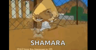 A Cartoon Character Is Standing In Front Of A Chain Link Fence With The Word Shamara Written On The Bottom . GIF