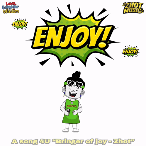 A Cartoon Character Is Standing In Front Of A Comic Book Explosion That Says Enjoy GIF