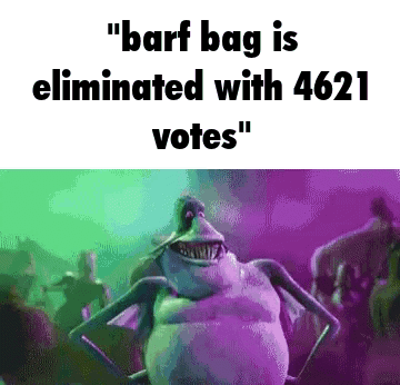 A Cartoon Character Is Standing In Front Of A Crowd And Says `` Barf Bag Is Eliminated With 4621 Votes '' GIF