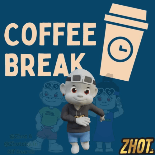 A Cartoon Character Is Standing In Front Of A Cup Of Coffee That Says Coffee Break GIF