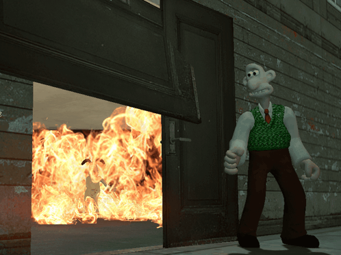A Cartoon Character Is Standing In Front Of A Door That Is Open And A Fire Is Coming Out Of It GIF