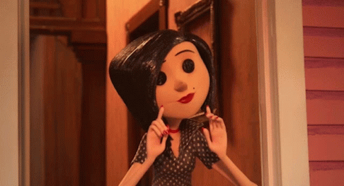 A Cartoon Character Is Standing In Front Of A Door With A Pair Of Scissors In Her Hand GIF