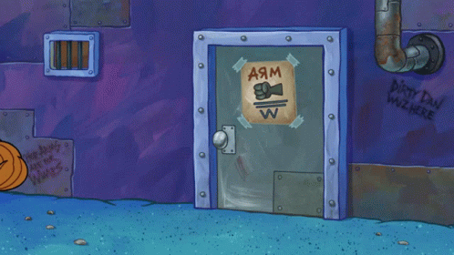 A Cartoon Character Is Standing In Front Of A Door With A Poster Taped To It That Says A9m W GIF