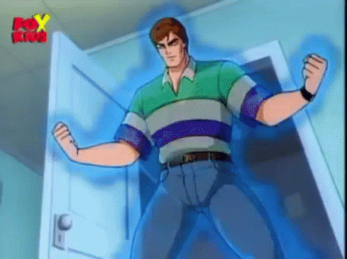A Cartoon Character Is Standing In Front Of A Door With His Arms Outstretched . GIF