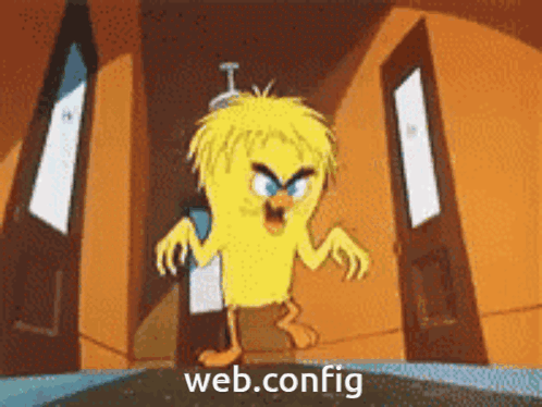 A Cartoon Character Is Standing In Front Of A Door With The Words Web.config On The Bottom GIF