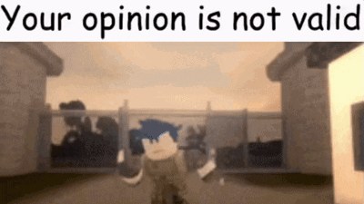 A Cartoon Character Is Standing In Front Of A Fence With The Words `` Your Opinion Is Not Valid '' Written Above Him . GIF