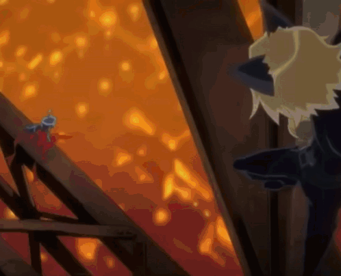 a cartoon character is standing in front of a fire and looking at it .