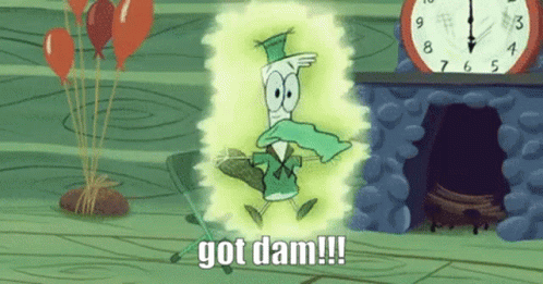 A Cartoon Character Is Standing In Front Of A Fireplace With Balloons And A Clock That Says Got Dam !!! GIF