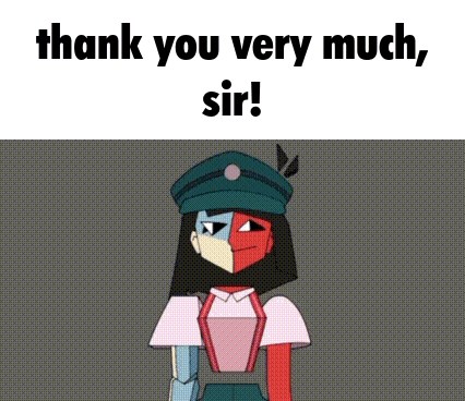 A Cartoon Character Is Standing In Front Of A Gray Background And Says `` Thank You Very Much , Sir ! '' GIF