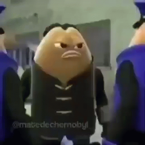 a cartoon character is standing in front of a group of police officers and making a funny face .