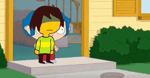 A Cartoon Character Is Standing In Front Of A House With A Blue Haired Girl Behind Him . GIF