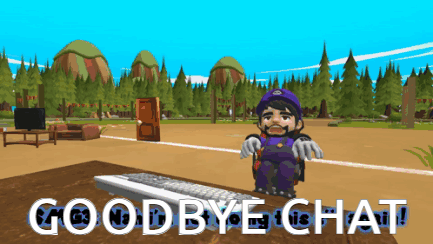 A Cartoon Character Is Standing In Front Of A Keyboard With The Words Goodbye Chat Below Him GIF