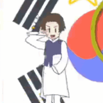 A Cartoon Character Is Standing In Front Of A Korean Flag And Talking On A Cell Phone . GIF