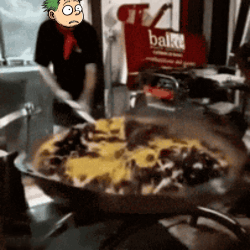 A Cartoon Character Is Standing In Front Of A Large Pizza And A Sign That Says Bake GIF