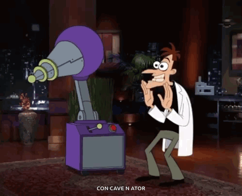 A Cartoon Character Is Standing In Front Of A Machine That Says Con Cave N' Ator GIF