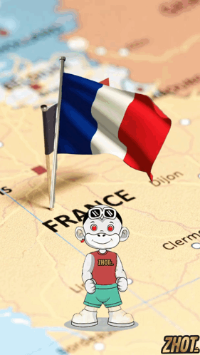 a cartoon character is standing in front of a map with the word france on it