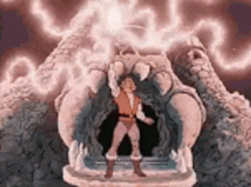 A Cartoon Character Is Standing In Front Of A Monster With A Lightning Bolt Coming Out Of Its Mouth . GIF