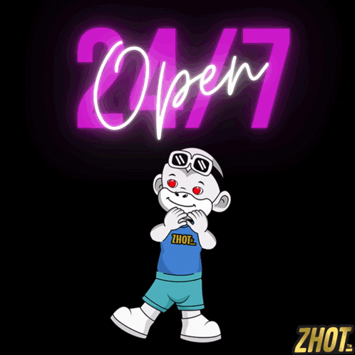 Cartoon Character In Front Of 24/7 Open Sign GIF