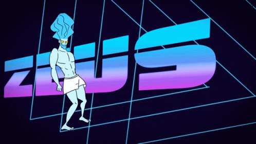 A Cartoon Character Is Standing In Front Of A Neon Sign That Says Zeus GIF