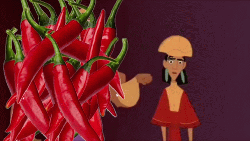 A Cartoon Character Is Standing In Front Of A Pile Of Red Peppers . GIF