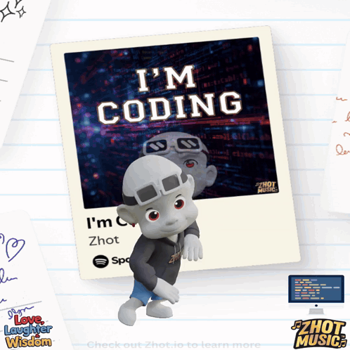A Cartoon Character Is Standing In Front Of A Polaroid That Says I 'M Coding GIF