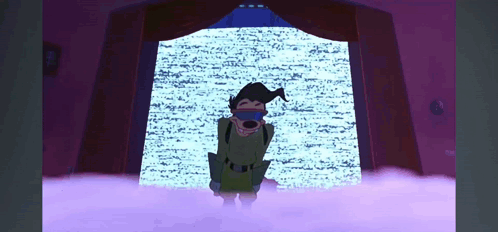 A Cartoon Character Is Standing In Front Of A Purple Curtain GIF