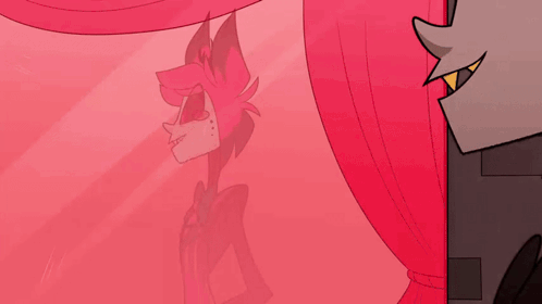 A Cartoon Character Is Standing In Front Of A Red Curtain And Looking At The Camera . GIF